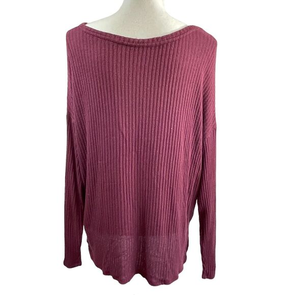 American Eagle Women's S Soft & Sexy Rib Long Sleeve V-Neck Shirt Berry Wine - Picture 3 of 6